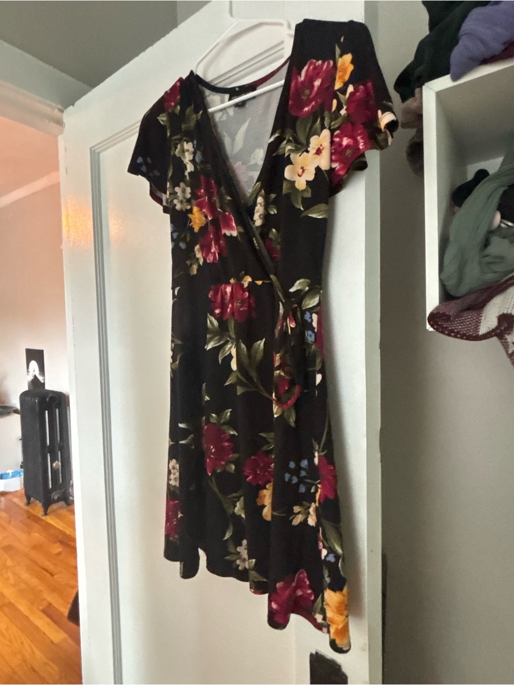 Floral Wrap Short Sleeve Dress - Black Floral